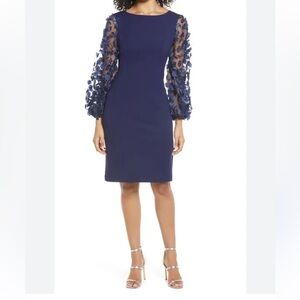 Eliza J Navy 3D Floral Appliqué Sleeves Knee Length Sheath Dress NWT Size 12
